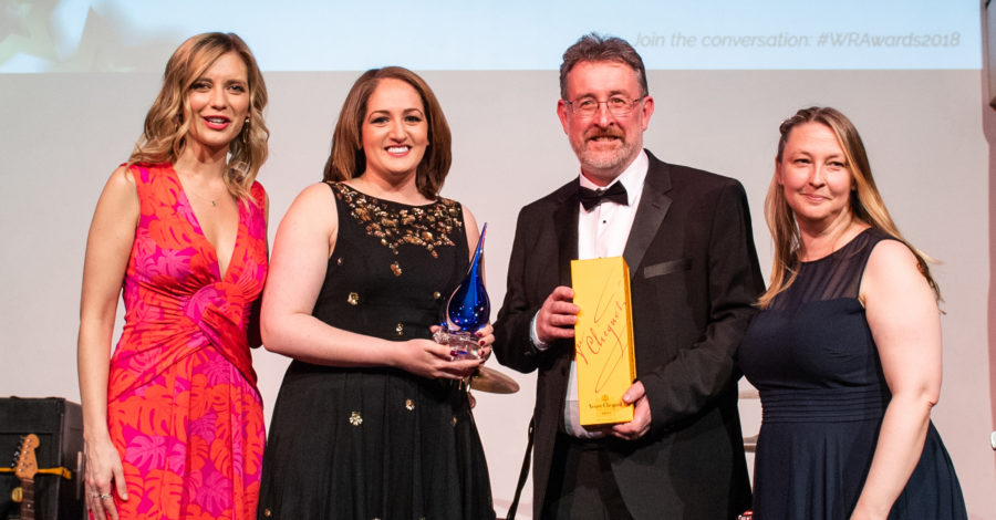 Amy Morley and Jim Crawford are collecting the award on behalf of HS2 from TV presenter and mathematician Rachel Riley.